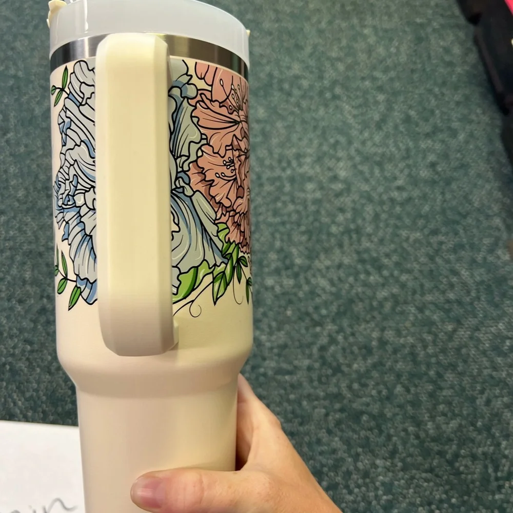 Stanley Cream Travel Mug with Pink and Blue Floral Design - Picture 5 of 11